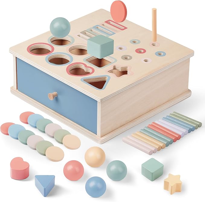 Montessori Toys for 2 3 4 5 Color Sorting - Wooden Object Permanence Box with Drawer Sensory Toys Shape Sorter Education for Baby Toddler Boy Girl Drop Busy Box 4 in 1