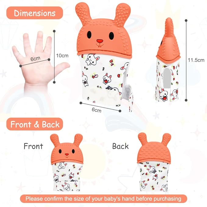 2Pack Silicone Teething Mitt, Rabbit Baby Teething Toy for 0-6 6-12 Months, Food Grade Silicone Infant Teething Mitten, BPA-Free Baby Chew Toys for Pain Relief, Sucking Needs
