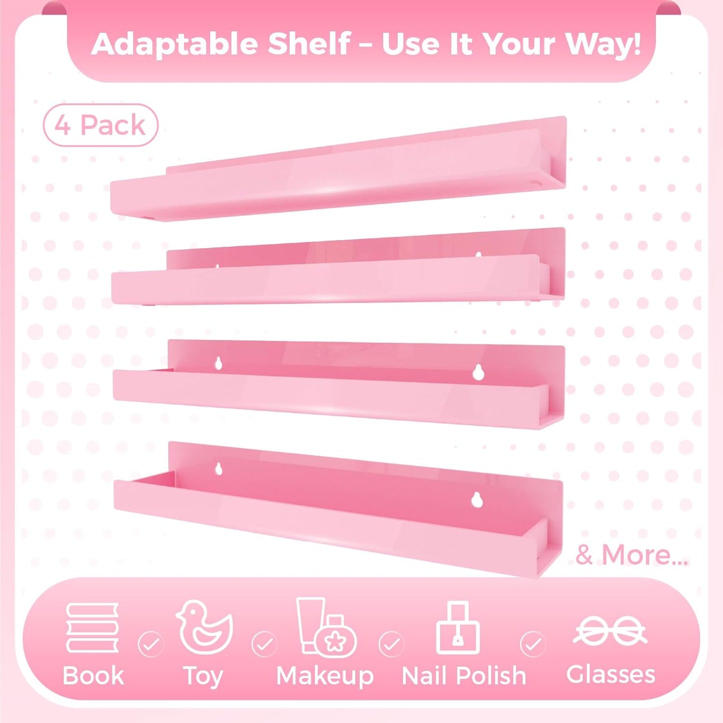 4 Pack 15 Inch Pink Acrylic Shelves, Kids Floating Bookshelf for Kids Room, Modern Nail Polish Rack Sunglasses Essential Oil Picture Ledge Display Toy Storage Wall Shelf
