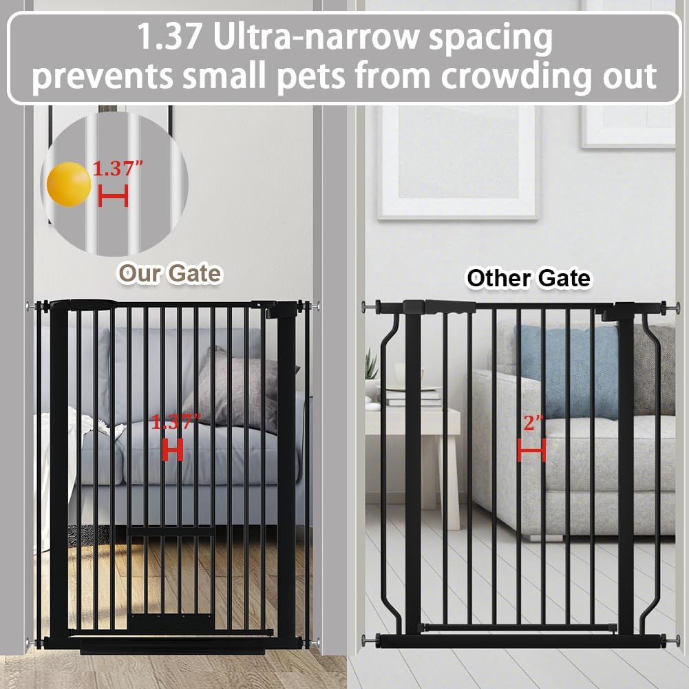 40.55" Tall 1.37" Ultra Narrow Spacing Dogs Pets Baby Gate with Door for Doorway Cat Safety Proof Indoor 73.43"-81.30" Extra Wide Puppy Pressure Mounted No Drill White Black Metal Hallway