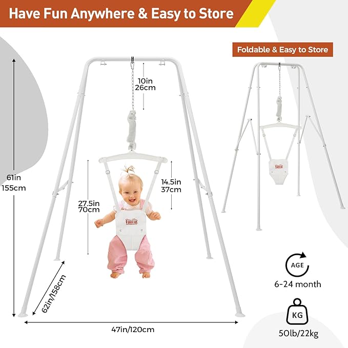 FUNLIO Baby Jumper with Stand for 6-24 Months, Toddler Jumper for Baby Girl/Boy, Infant Jumper for Indoor/Outdoor Play, with Adjustable Chain, Easy to Assemble & Store (with Stand) - White