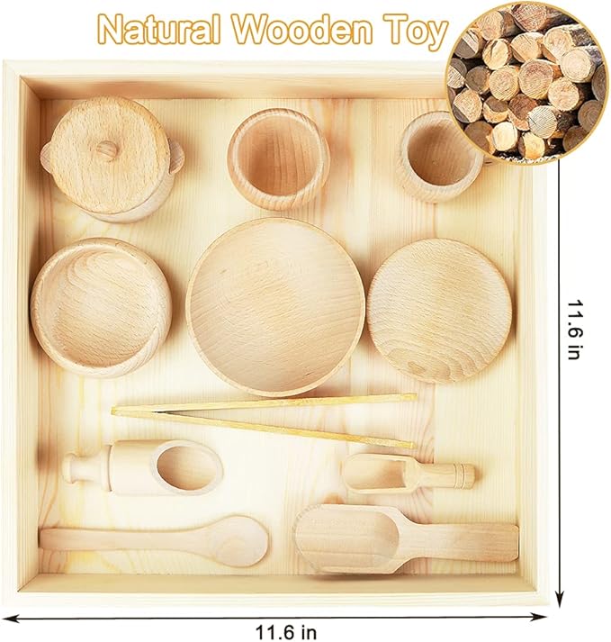 Montessori Sensory Bin Tools: 1 Wooden Box + 11 Sensory Tools for Toddlers & Preschool Children - Fine Motor Learning Pretend Play