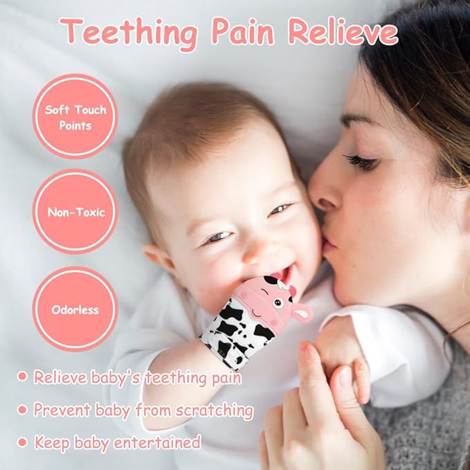 2Pack Silicone Teething Mitt, Cow Baby Teething Toy for 0-6 6-12 Months, Food Grade Silicone Infant Teething Mitten, BPA-Free Baby Chew Toys for Pain Relief, Sucking Needs