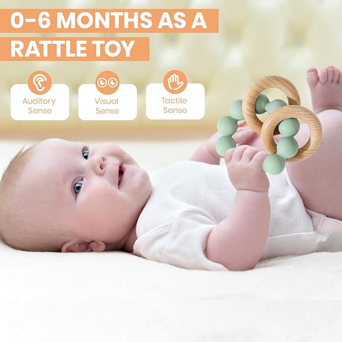 Socub Baby Teething Toys for 0-6 6-12 Months- BPA-Free Food-Grade Silicone & Natural Beech Wood Teether Ring for Newborn Infants Teething Relief- Easy-Grip Sensory Rattle Toys(Cambridge Blue)