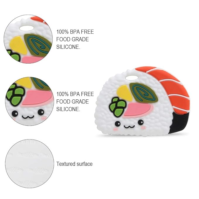 Baby Food Grade Silicone Teether Toy with Pacifier Clip Holder,Teething Toys Gift Set for 3 Months+ Boys and Girls,Freezer Safe,BPA Free. (Sushi)