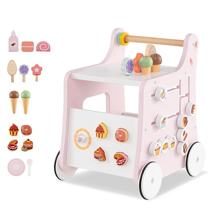 BABY JOY 2-in-1 Wooden Baby Walker, Montessori Activity Center w/Storage, Wheels, Kids Dessert Shop Walking Toy w/Ice Cream, Slider, Maze, Plate, Push Walker for Boys and Girls 1+ Years Old (Pink)