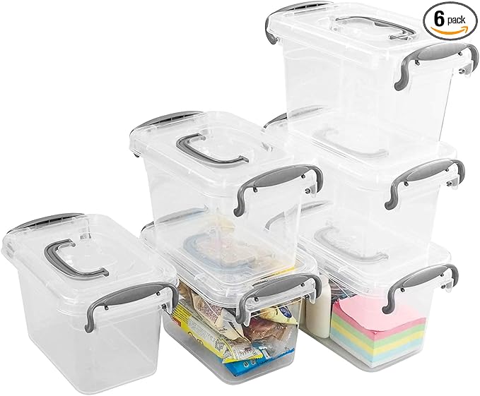 1.5 L Clear Mini Storae Box, 6-Pack Tiny Plastic Storage Latch Box