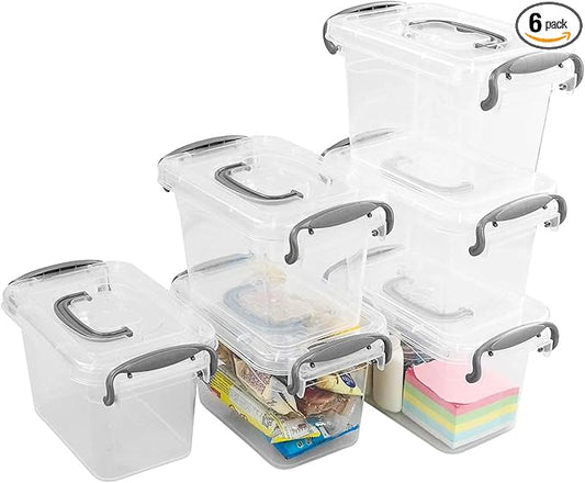 1.5 L Clear Mini Storae Box, 6-Pack Tiny Plastic Storage Latch Box