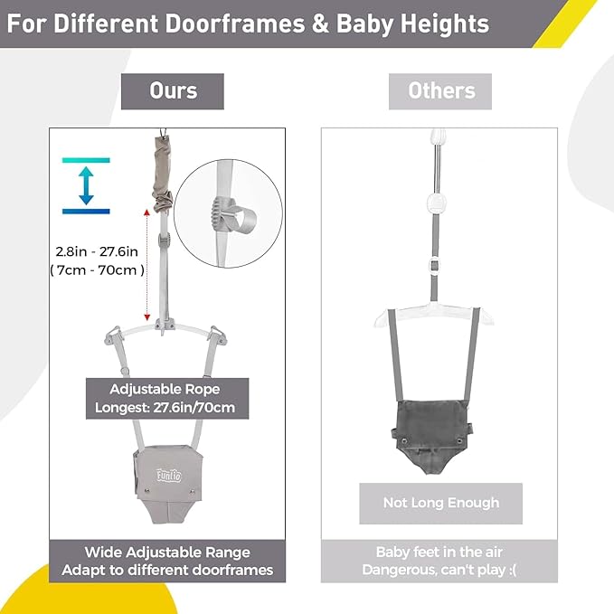 FUNLIO 2 in 1 Baby Door Jumper with Door Clamp, Baby Walking Harness for 6-24 Months, Infant Jumper Doorway with Strong Spring & Adjustable Strap, Easy to Assemble & Store - Grey