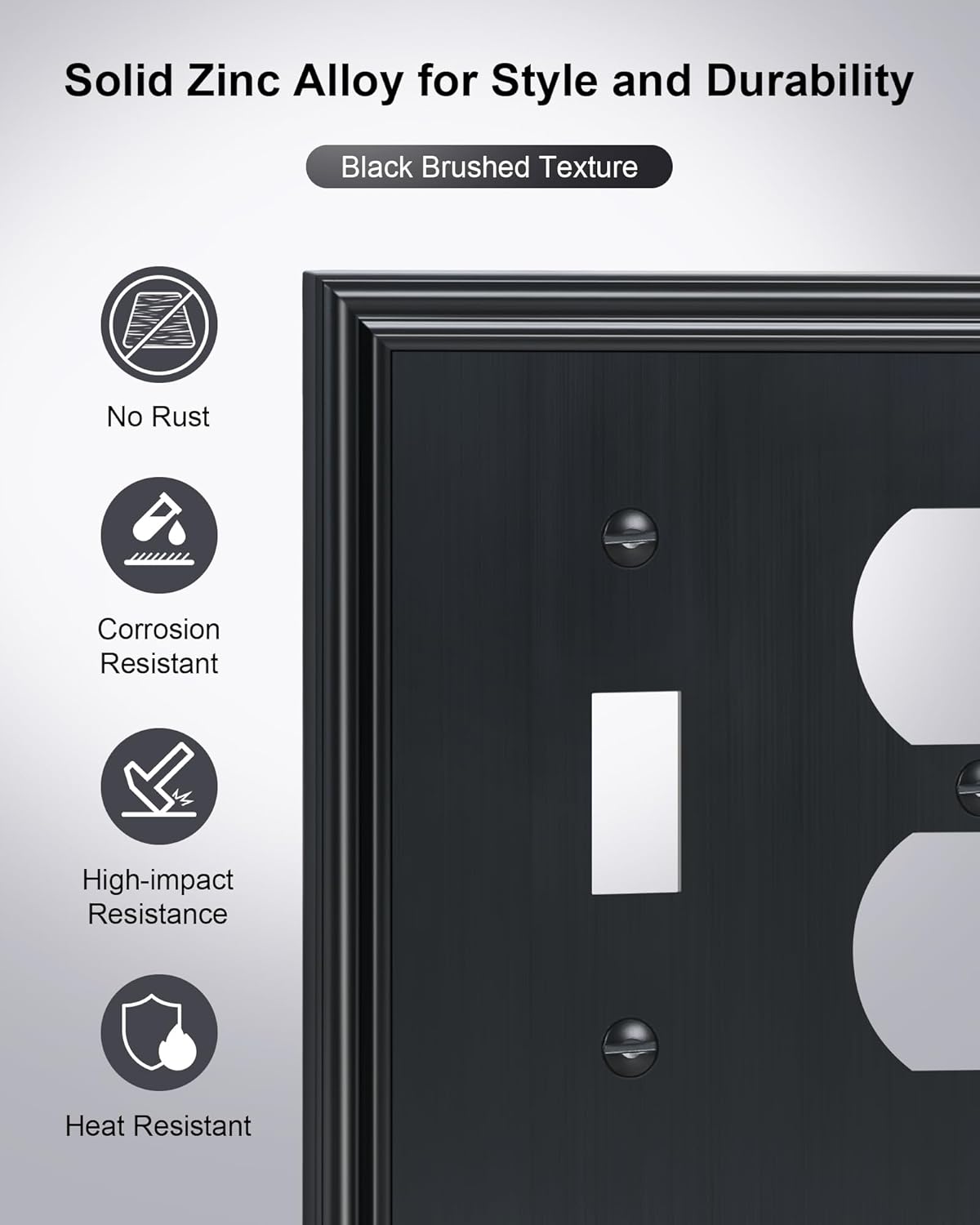 2-Pack Combo Toggle/Duplex Light Switch Cover Plate, Black Wall Outlet Cover Plate, Decorative Wall Receptacle Cover for Electrical Outlets, Light Switch, Durable Solid Zinc Alloy