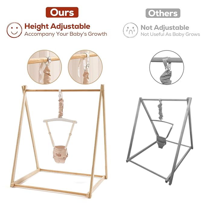 FUNLIO Montessori Wooden Baby Jumper with Stand for 6-36 Months, Adjustable Baby Bouncer for Indoor/Outdoor Play, Foldable Toddler Jumper for Baby Girl/Boy, Easy to Assemble & Store