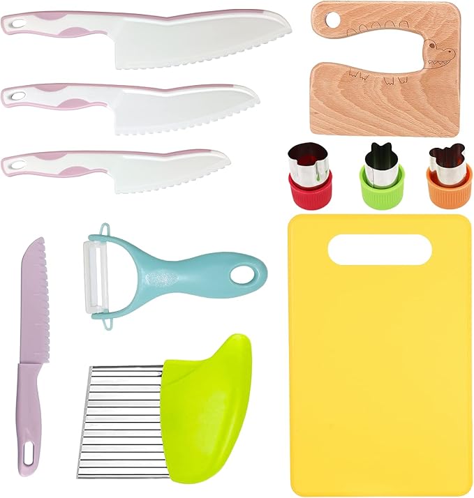 11 Pieces Wooden Kids Kitchen Knife, Pink Kids Knife Set Include Wood Kids Knife, Serrated Edges Plastic Toddler Knife, Crinkle Cutter, Sandwich Cutter, Y Peeler, Cutting Board