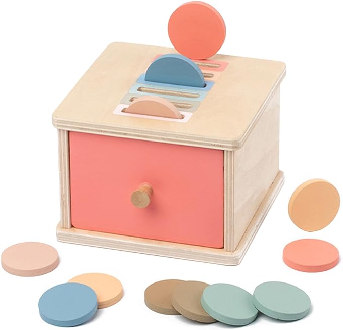 Montessori Toys for 2 3 4 5 Year Old - Wooden Object Permanence Box with Drawer Sensory Toys Shape Sorter Color Sorting Education for Baby Toddler Boy Girl Drop Busy Box (D-Coins)