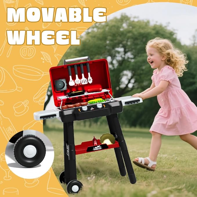 Kids Grill Playset, BBQ Toy Grill with Smoke Sound Light and Wheel, Movable Pretend Play Kitchen Toys Grills for Toddlers 3-5, 2-Layer Barbecue Play Food Christmas Birthday Gifts for Grandkids