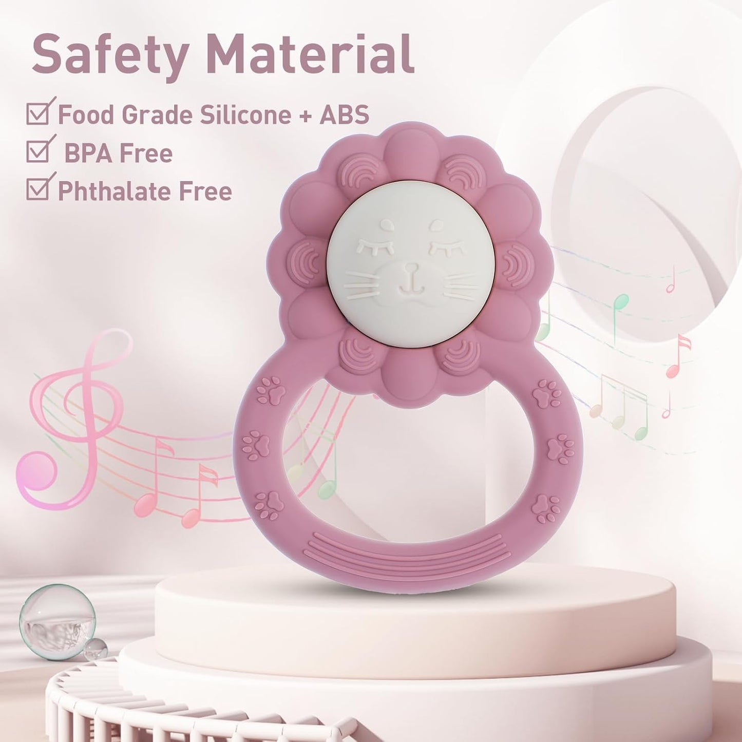 Rattle Teether, Lion Shape Montessori Baby Sensory Teething Toys, Food Grade Silicone BPA Free, Newborn Essentials Must Haves (Shifting Sand Dusty Lilac)