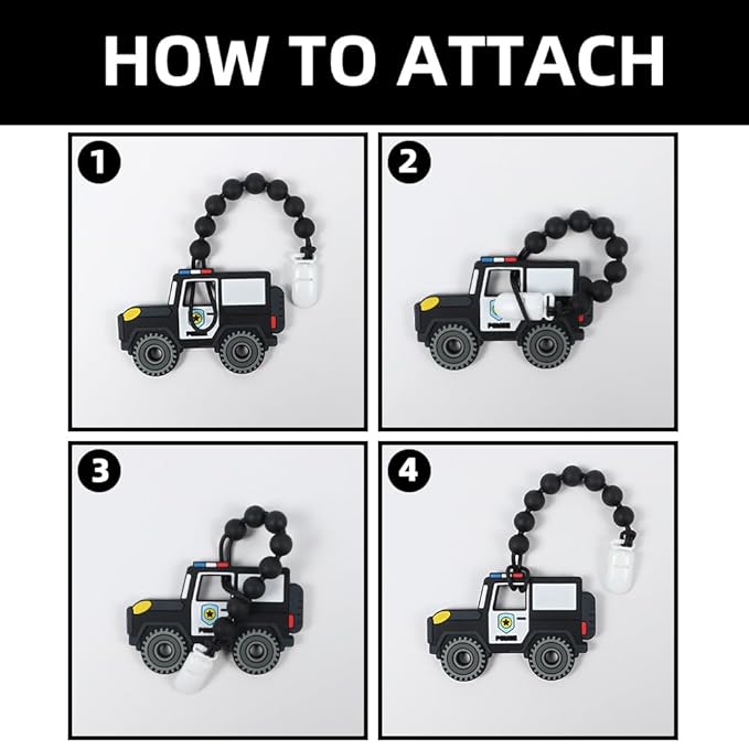 Baby Food Grade Silicone Carrier Vehicle Teether Toy with Pacifier Clip Holder,Teething Toys Gift Set for 3 Months+ Boys and Girls,Freezer Safe,BPA Free. (Police Car)