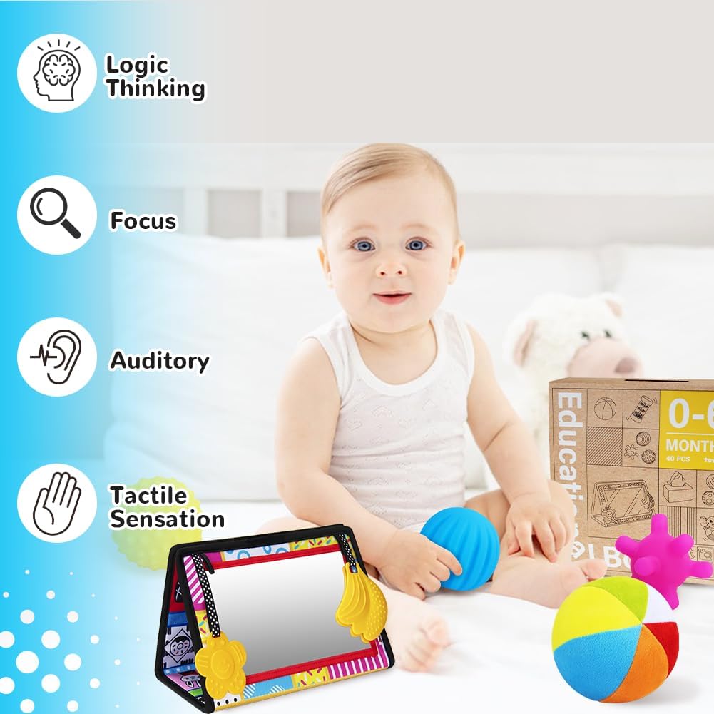 Montessori Toys for Babies 0-6 Months,7 in 1 Newborn Toys Baby Gifts Set Early Learning Toys with Black & White Baby Flashcards,Tummy Time Mirror,Baby Rattle,Sensory Balls,Tissue Box Toys,Rain Stick