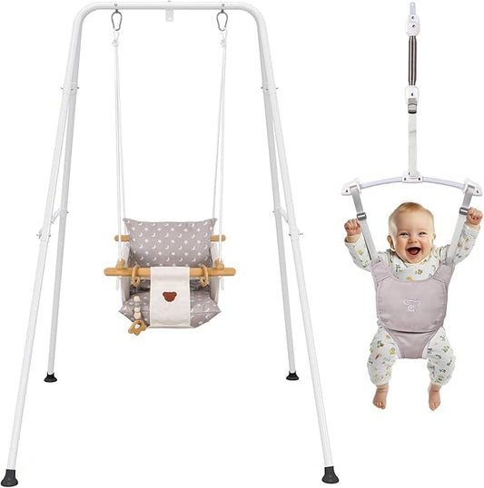 2 in 1 Baby Jumper & Swing, Baby Jumper for Indoor and Outdoor Use, Toddler Swing with Foldable Stand, Stable Bouncer Jumper（White）
