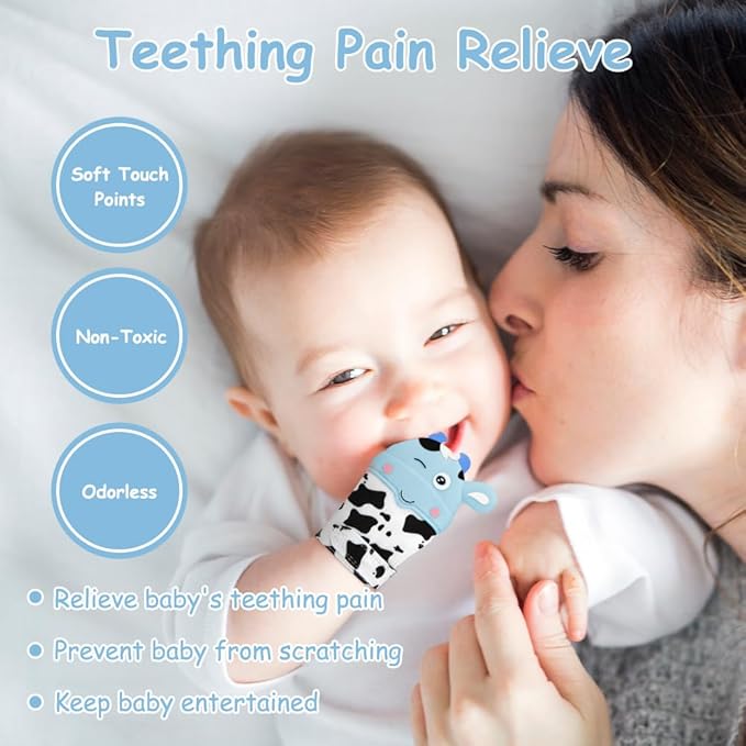 2Pack Silicone Teething Mitt, Cow Baby Teething Toy for 0-6 6-12 Months, Food Grade Silicone Infant Teething Mitten, BPA-Free Baby Chew Toys for Pain Relief, Sucking Needs
