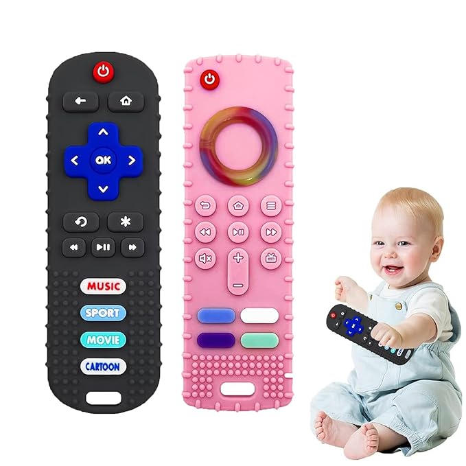 2-Pack Baby Teething Toys-TV Remote Control Shape Silicone Infants Teething Toys for Babies 0-18 Months,BPA-Free (Black+Pink)