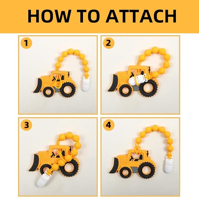 Baby Food Grade Silicone Carrier Vehicle Teether Toy with Pacifier Clip Holder,Teething Toys Gift Set for 3 Months+ Boys and Girls,Freezer Safe,BPA Free. (Bulldozer)