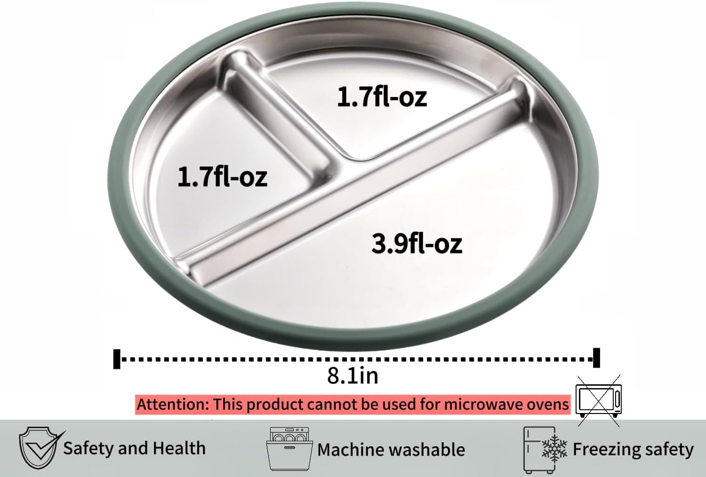 3Pack Sainless Steel Kids Plates with Suction, 8.1” Divided Toddler Baby Plates with Removable Silicone Sleeves BPA Free Non-Slip 2-in-1 Anti Breakage Metal Toddler Bowls