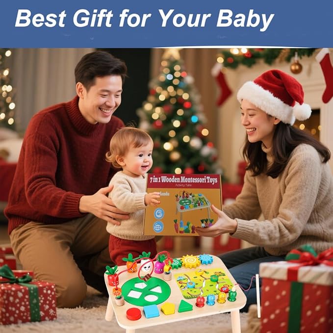 Activity Table, Montessori Toys for 1 2 Year Old Girls Boy Gifts, 7 in 1 Wooden Sensory Play Table for Toddler 1 2 3, Learning Toys for Baby 12-18 Months 1st Christmas Birthday Gifts