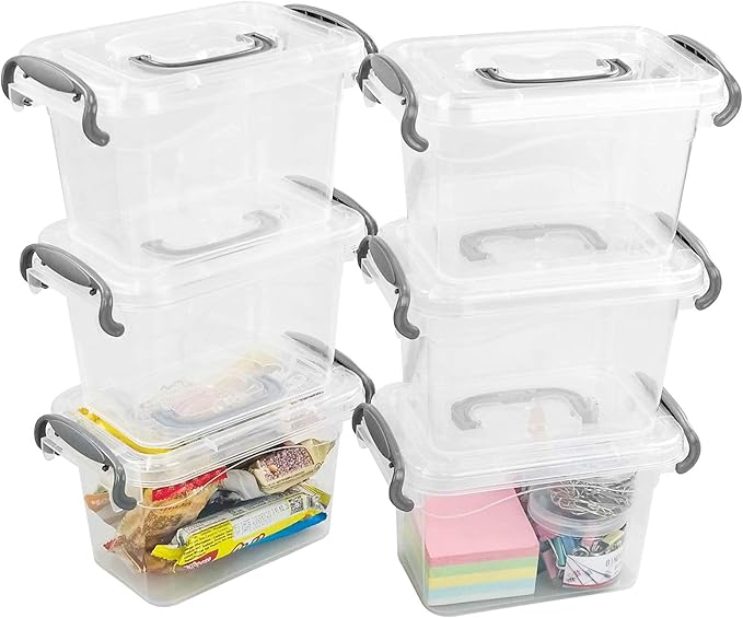 1.5 L Clear Mini Storae Box, 6-Pack Tiny Plastic Storage Latch Box