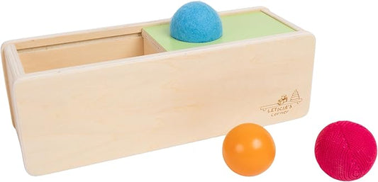 Leticia's Corner Montessori-Inspired Wooden Object Permanence Box, Sliding Top Box with Felt, Wooden and Knitted Balls, Imbucare Box, Ball Drop, Montessori Toy for Babies 6 Months and Older