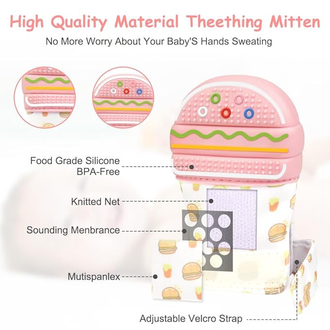 2Pack Silicone Teething Mitt, Hamburger Baby Teething Toy for 0-6 6-12 Months, Food Grade Silicone Infant Teething Mitten, BPA-Free Baby Chew Toys for Pain Relief, Sucking Needs
