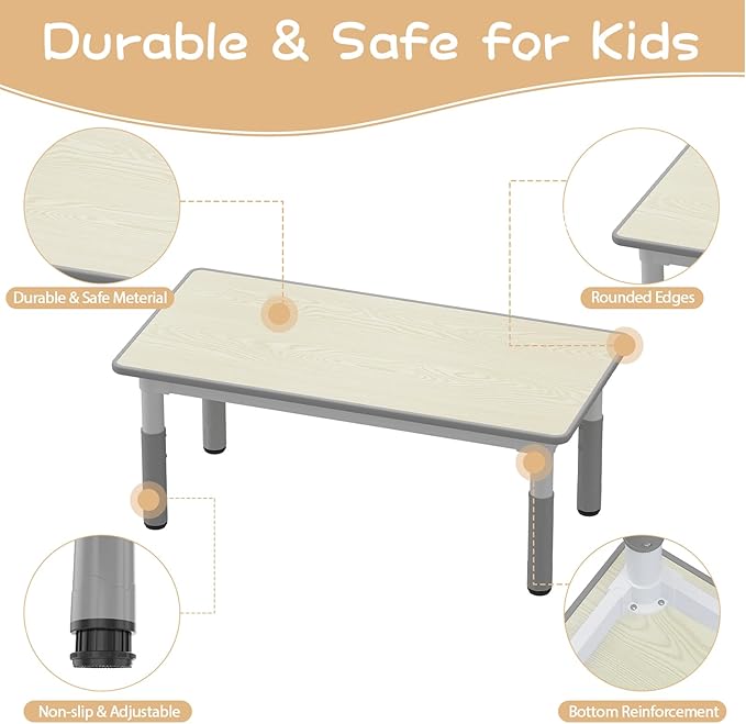 IDEALHOUSE Kids Table and 6 Chairs Set, Height Adjustable Toddler Table and Chair Set, Graffiti Desktop, Children Study Table for 6 for Home Daycare Preschool for Ages 2-10, Grey