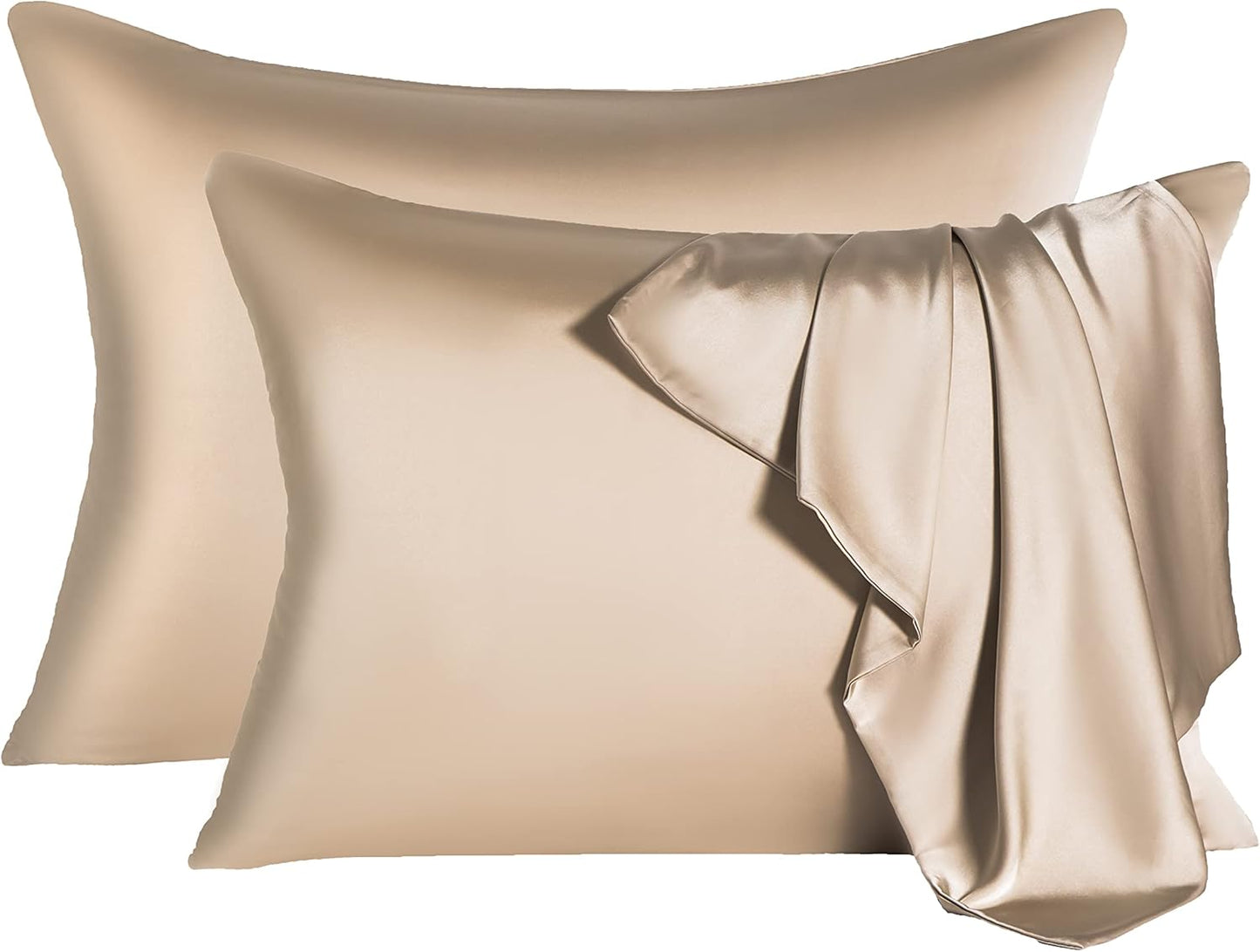2 Pcs Mulberry Silk Pillowcase for Hair and Skin,Cooling Silk Pillow Case with Hidden Zipper,Allergen Proof Dual Sides Soft Breathable Smooth Silk Pillow Cover for Women(Standard-2PCS,Champagne)