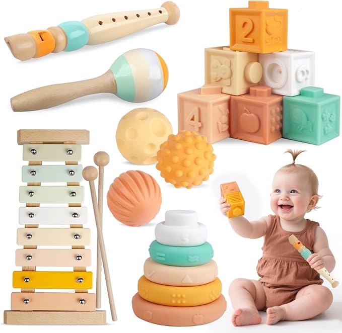 Baby Toys Montessori Toys for Babies, Wooden Musical Instruments Toy Stacking Building Blocks, Infant Teething Toys Sensory Balls, Xylophone, Birthday Gift for Toddlers