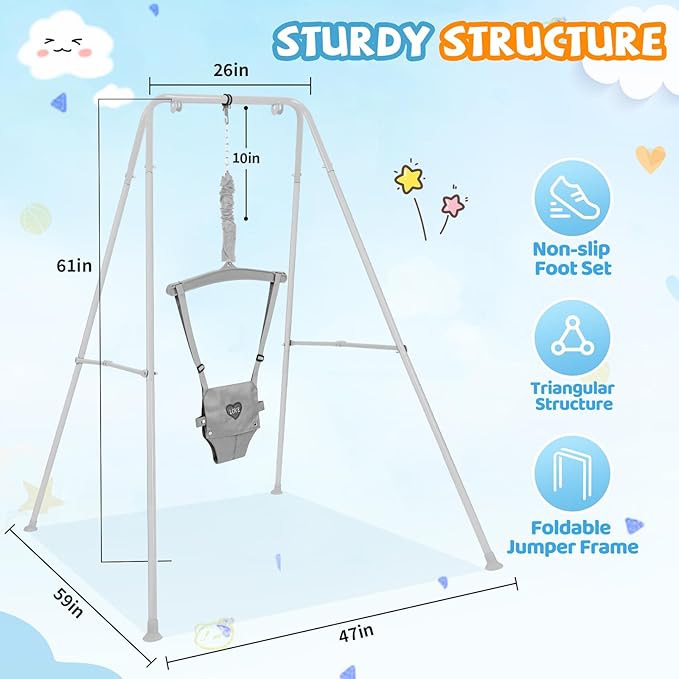 Baby Jumper with Stand, Infant Jumper for Indoor/Outdoor Play, Jumper for Baby 6-24 Months, Baby Jumpers and Bouncers with Adjustable Chain, Easy to Assemble & Store (Grey)