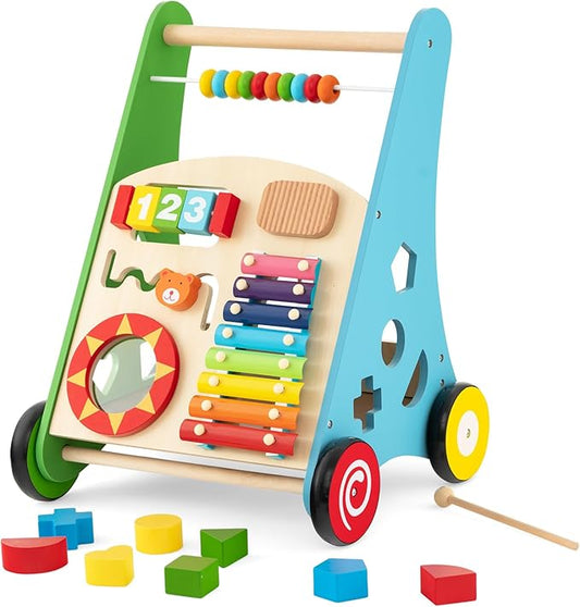 HONEY JOY Baby Push Walker, Wooden Infant Walker Activity Center with Shape Sorter, Develop Motor Skills & Creativity, Push Toys for Babies Learning to Walk, Gift for Boys and Girls, Colorful