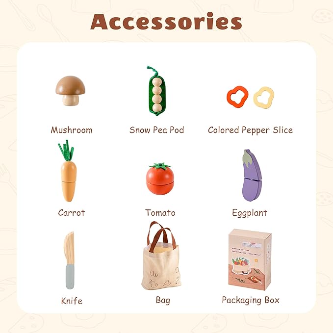 ROBOTIME Wooden Play Food Cutting Vegetable Set, Pretend Play Toy Food for Play Kitchen with Shopping Bag – Kids Kitchen Accessories, Wooden Veggie Toys for Boys & Girls