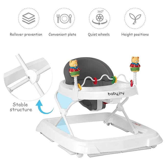 BABY JOY Baby Walker, Foldable Activity Walker with Adjustable Height, Large Tray & Removable Toys, Baby Walker with Wheels for Boys Girls 6-18 Months (Gray)
