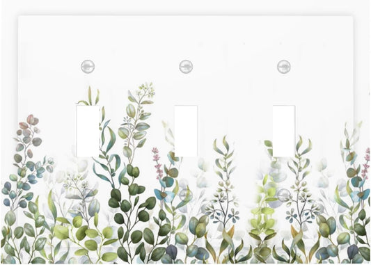 Green Eucalyptus Leaf Plant Herbs Springnature Decorative Switch Plates 3 Gang Wall Plate Triple Toggle Light Switch Cover Faceplate Electrical Wall Panels for Bed Room Living Room Decor