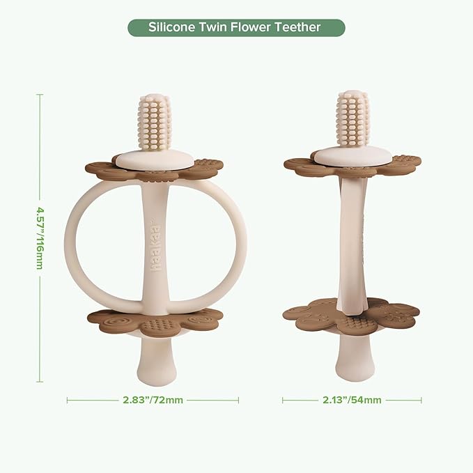 haakaa Silicone Baby Teether Toys,Nipple-Shaped End for Gum Massage,360° Baby Toothbrush Head for Self-Brushing Training,Easy to Grip-Cocoa