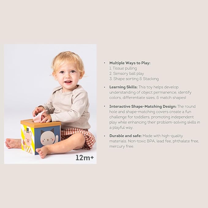 Taf Toys Multi-Sensory Montessori Baby Toy Infant Toys 6-12 Months 16pcs Pieces Baby Tissue Box Toy, Shape Sorter, Play Balls Learning Toys Toddlers 1-3 Motor Skills Development Toddler Activity Cube