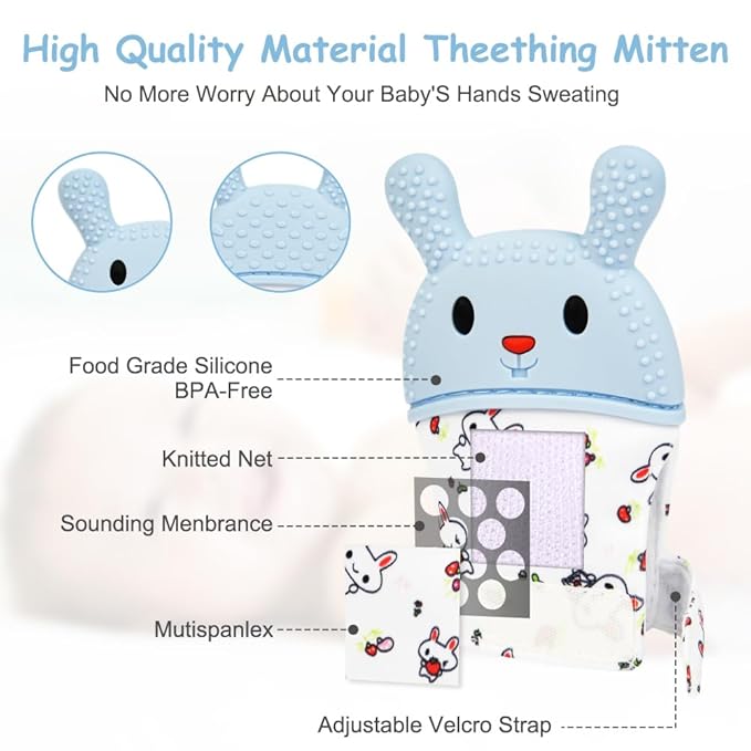 2Pack Silicone Teething Mitt, Rabbit Baby Teething Toy for 0-6 6-12 Months, Food Grade Silicone Infant Teething Mitten, BPA-Free Baby Chew Toys for Pain Relief, Sucking Needs