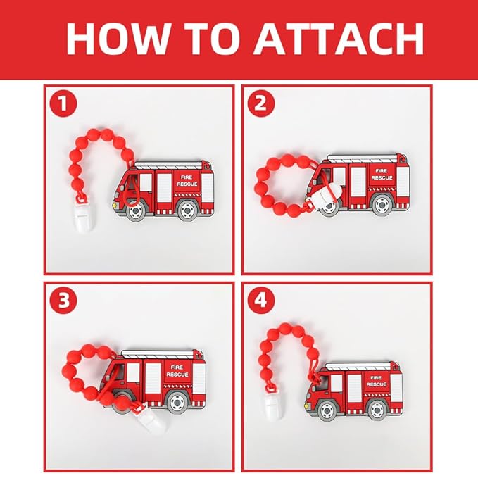 Baby Food Grade Silicone Carrier Vehicle Teether Toy with Pacifier Clip Holder,Teething Toys Gift Set for 3 Months+ Boys and Girls,Freezer Safe,BPA Free. (Fire Truck)