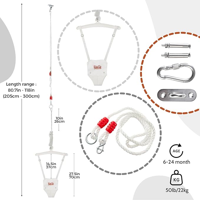 FUNLIO Baby Jumper with a Ceiling Hook for 6-24 Months, Infant Jumper Doorway with Adjustable Chain, Baby Door Jumper for Indoor/Outdoor Play, Easy to Assemble & Store (with a Ceiling Hook) - White