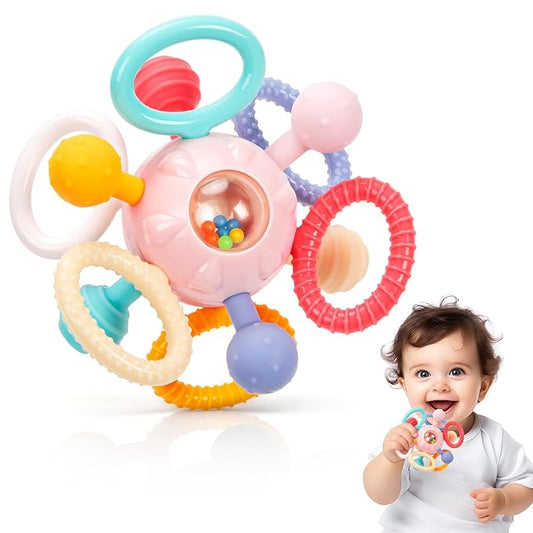 Baby Teething Toys for 0-6 6-12 Months, BPA Free Food Grade Silicone Teether, Infant Sensory Chew Rattles Toys, Gifts for Infant Newborn Boys Girls 0 3 6 9 12 18 Months, Light Pink