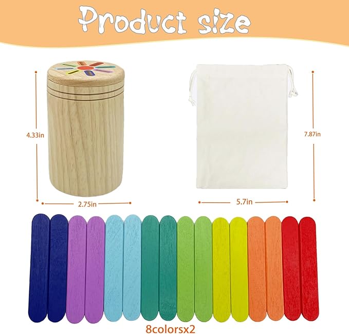 Wooden Montessori Sticks Toys for Kids, 8 Colors Natural Wood Toddler Learning Sorting Toys for 3 Year Old, Sensory Matching Game Birthday Gifts for Boys Girls (Ice Cream Sticks)