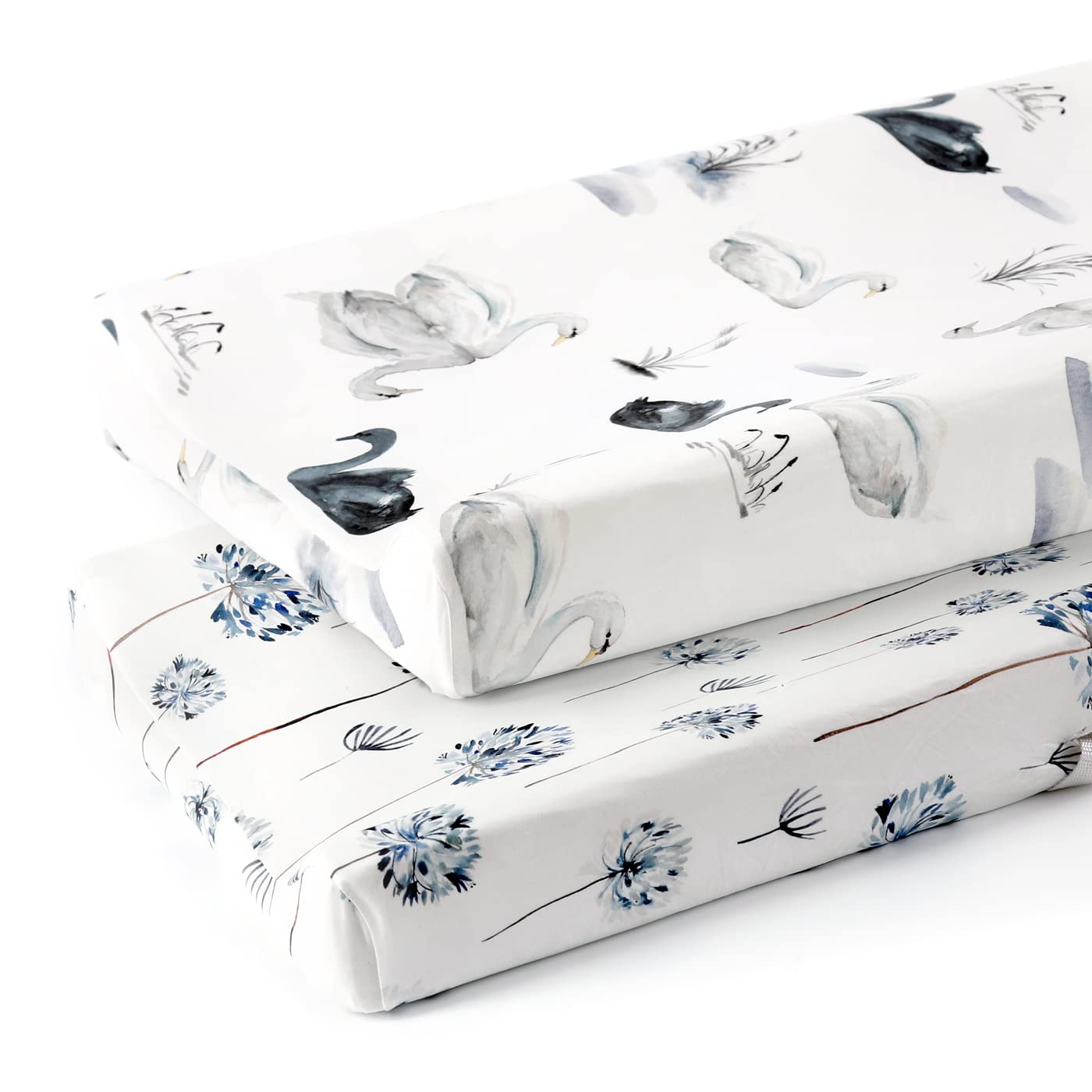 GRSSDER Stretch Ultra Soft Jersey Knit Changing Pad Cover Set 2 Pack, Change Table Pad Covers Fit 32"/34" x 16" Pads Safe and Snug, Pretty Swan/Watercolor Dandelion for Baby