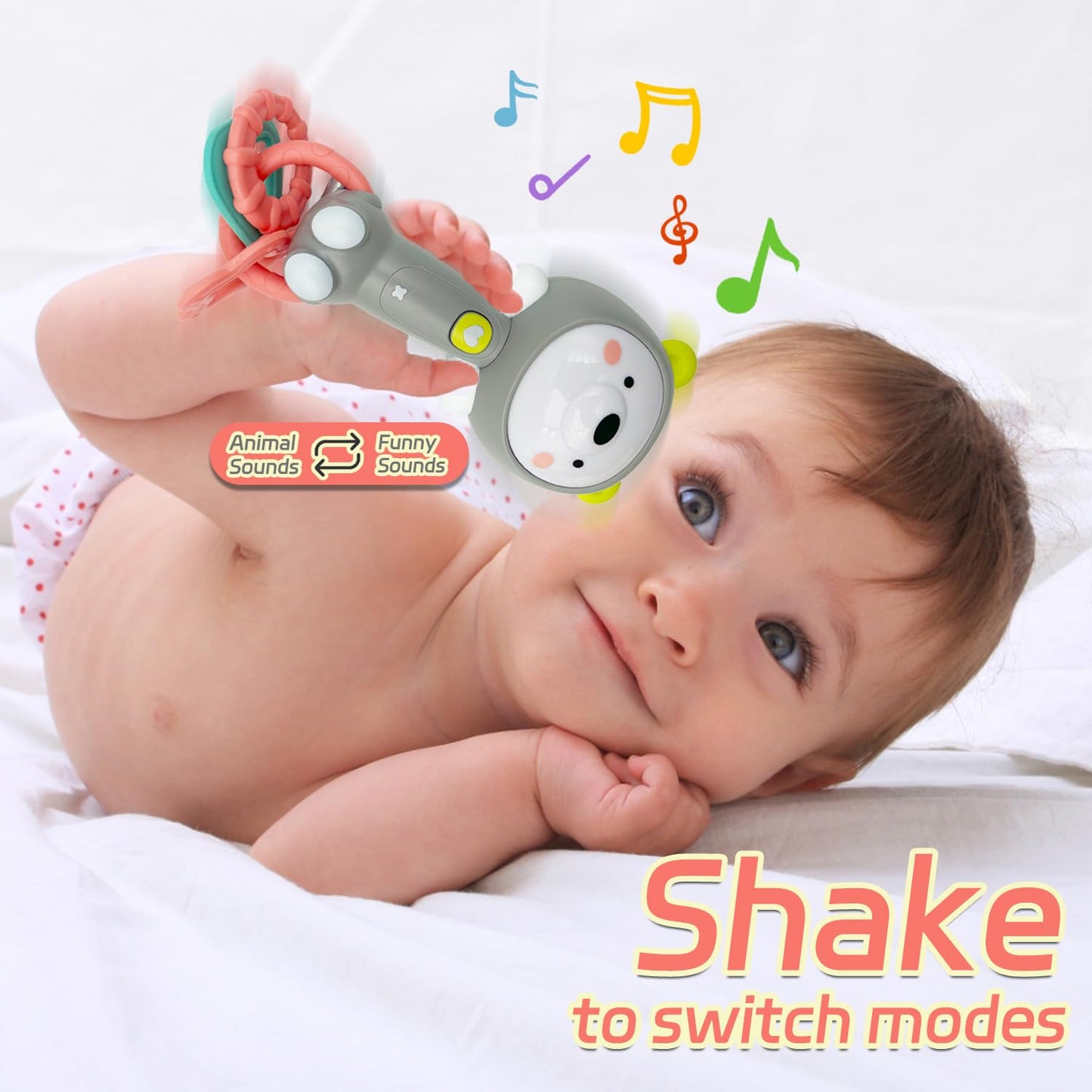 Baby Music Rattle, Teething Toys for Infants 6-12-18 Months Toddlers, Light-Up & Chew Sensory Toys for Baby Boy Girl Gifts (Grizzlies)