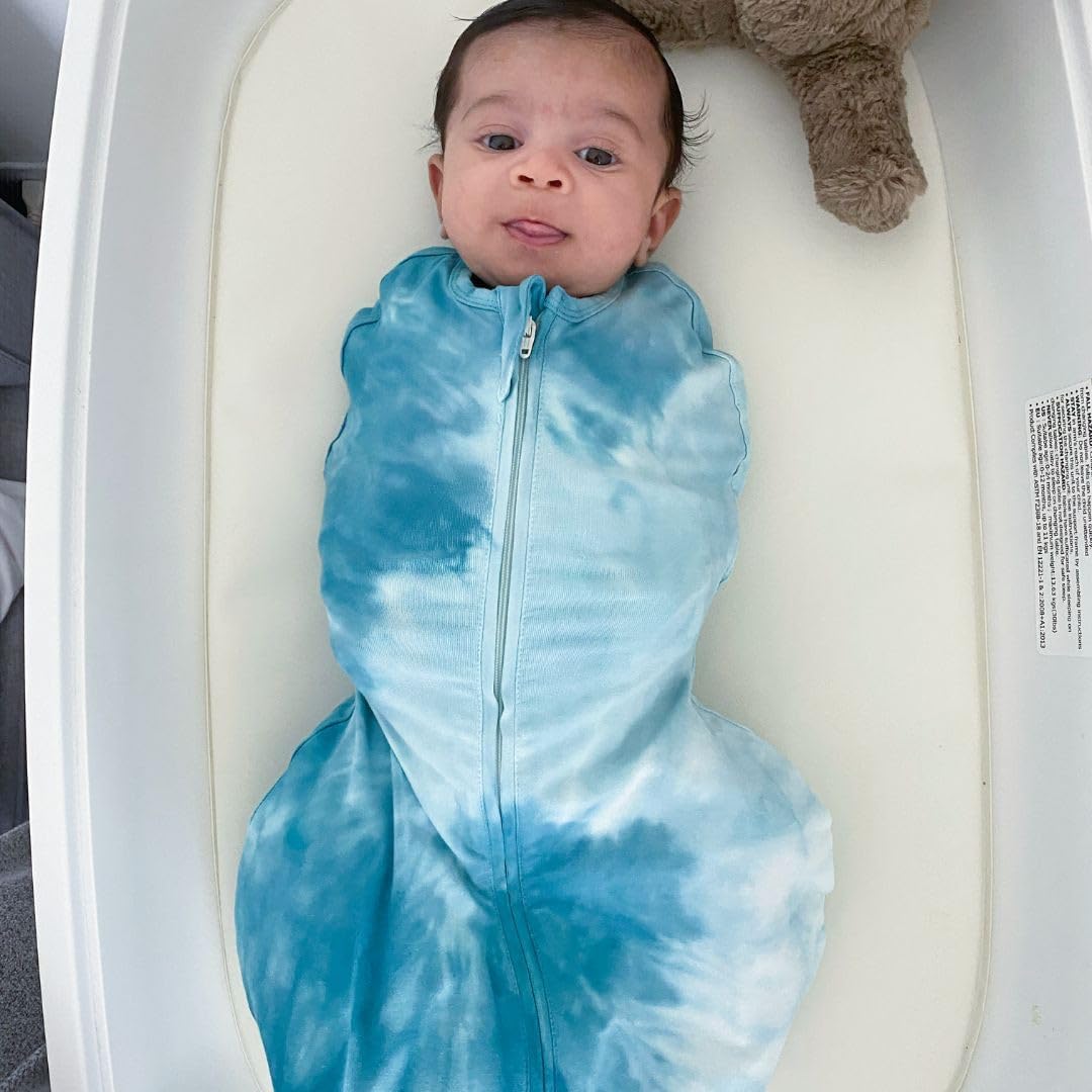 Happiest Baby Sleepea 5-Second Swaddle - 100% Organic Cotton Baby Swaddle Blanket - Doctor Designed Promotes Healthy Hip Development (Tie Dye Blue, X-Large)