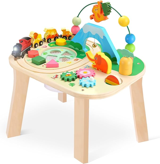 wingyz Activity Table for 1 Year Old Toddler, 9-in-1 Multi-Colorful Wooden Montessori Toys, Baby Play Table with Bead Maze Shape Sorter Train Toy, Educational Gifts for Kids Boys Girls