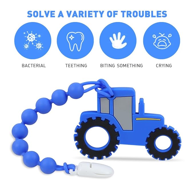 Baby Tractor Teething Toys,Food Grade Silicone Teether with One-Piece Pacifier Clip Holder,Highly Effective Pain Relief for 3 Months+ Boy and Girl,BPA Free,Freezer Safe. (Blue)